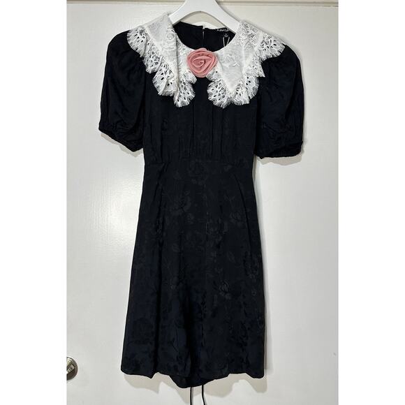 For Love & Lemons Yasmin Collared Floral Mini Dress Black White Size Small NWT - Picture 2 of 15